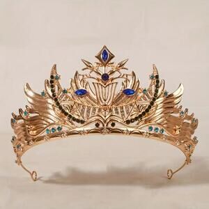 Regal Eygptian Gold Crystal Tiara Crown with Blue & Green Rhinestones